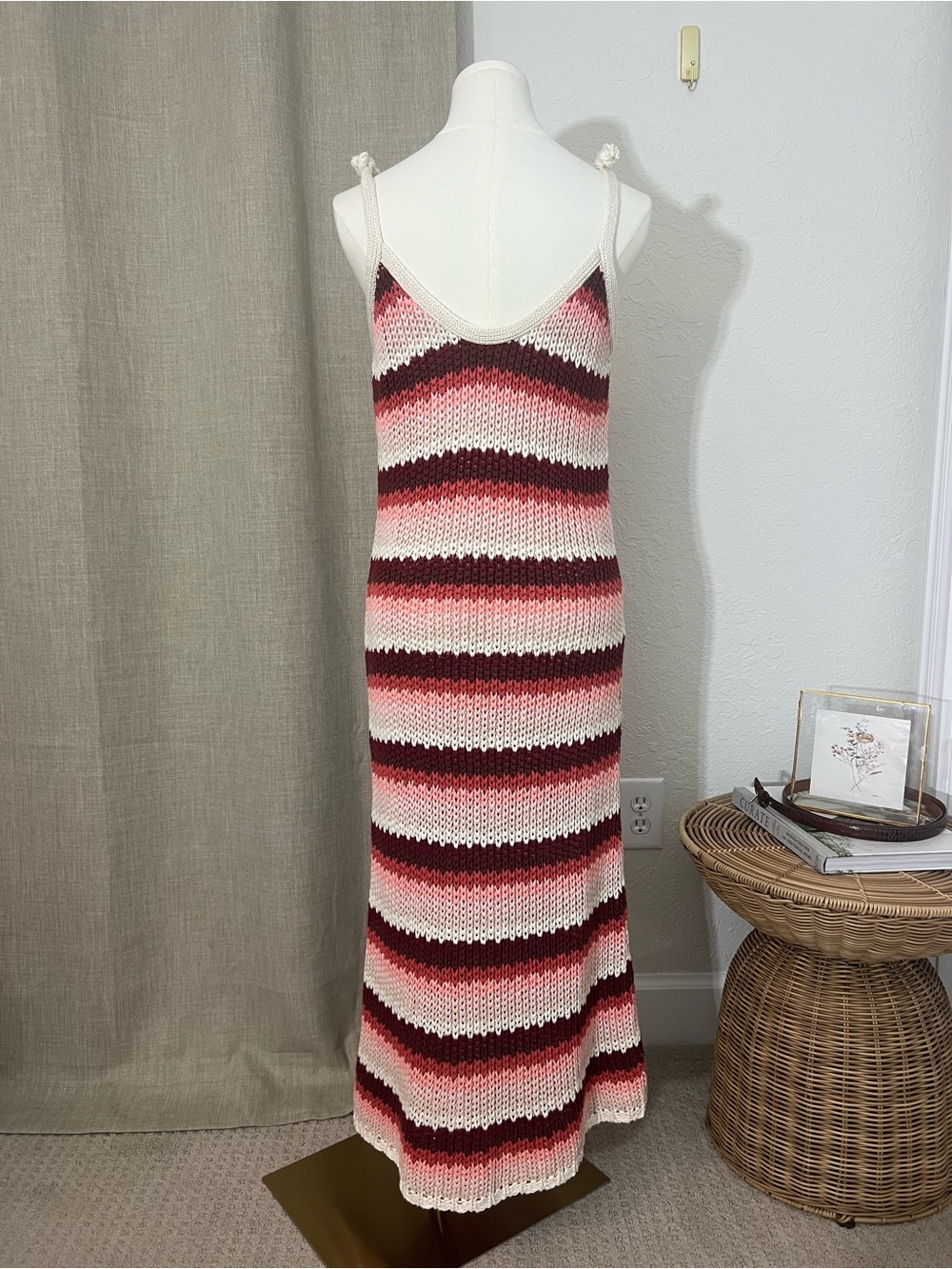 Zara Knit Crochet Maxi Dress Women Medium Pink Burgundy Striped Boho Beach - Picture 4 of 7